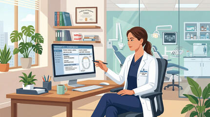 Fototapeta premium Female Dentist Reviewing Patient Record on Computer in Modern Dental Clinic