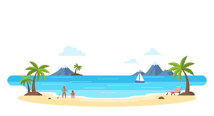Obraz premium A tropical beach scene illustrates two palm trees, a mother and child playing, a sailboat, and distant mountains.