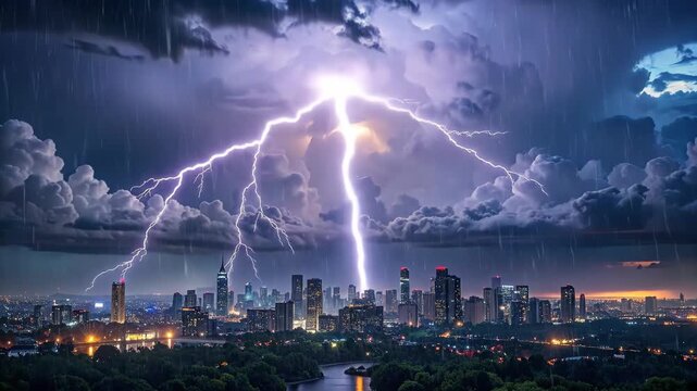 Dramatic Thunderstorm Over Cityscape with Lightning and Dark Clouds 1.