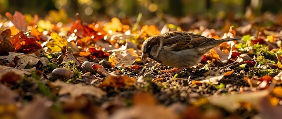 Small brown sparrow foraging among colorful autumn leaves on ground with warm sunlight filtering through trees creating natural wildlife scene.