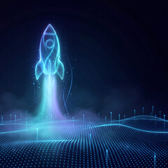 Digital Rocket Launch Over Data Grid Representing Technology, Startup Growth, Innovation and Future.