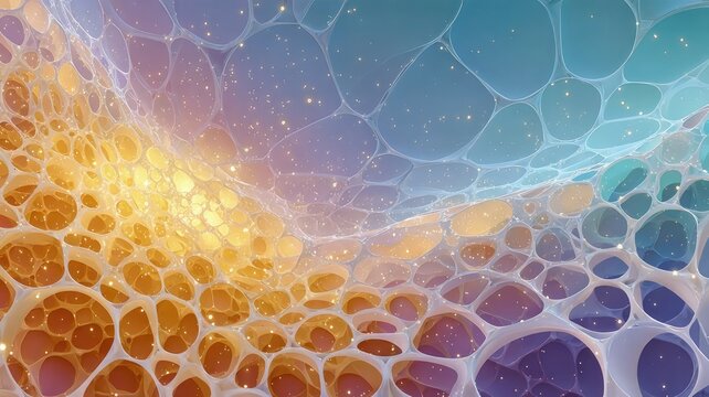 Abstract Cellular Macro Texture with Golden and Blue Fluid Pattern