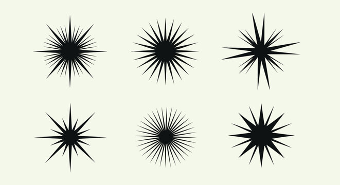 Collection of bursting star and sunburst shape icons, radiating light and energy symbols, in bright studio