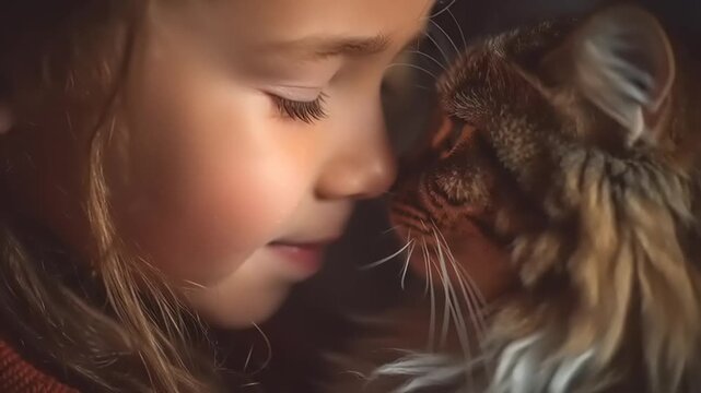A young girl tenderly kisses her cat's head in a warm and intimate moment captured in a close-up video