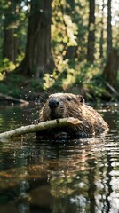 Obraz premium North American beaver gnawing on wooden branch in forest pond with water droplets and natural woodland background for wildlife photography.