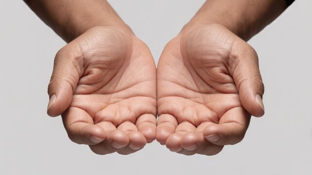 Pair of cupped open hands held forward in gesture of receiving offering or gentle begging against white background