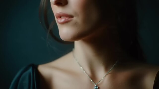 Close-up shot of a woman wearing an elegant necklace with a pendant in a dark setting