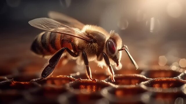 A close-up view of a bee collecting nectar from a honeycomb cell in a warm and intimate setting