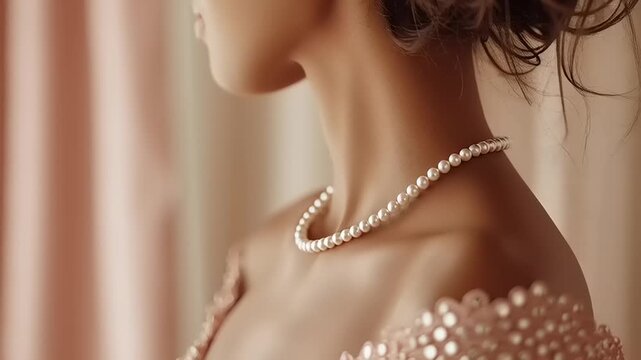 A woman's elegant profile showcases a luxurious pearl necklace in a serene indoor setting.