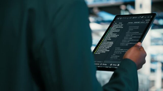 Close up of data center programmer using tablet app to write code, futureproofing company network. Woman walks in server room with programming script on device to increase cybersecurity, camera B
