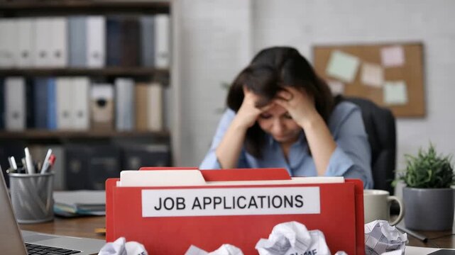 Female job seeker in blue shirt experiences frustration while reviewing job applications and crumpled resumes on desk in modern office setting with organized background