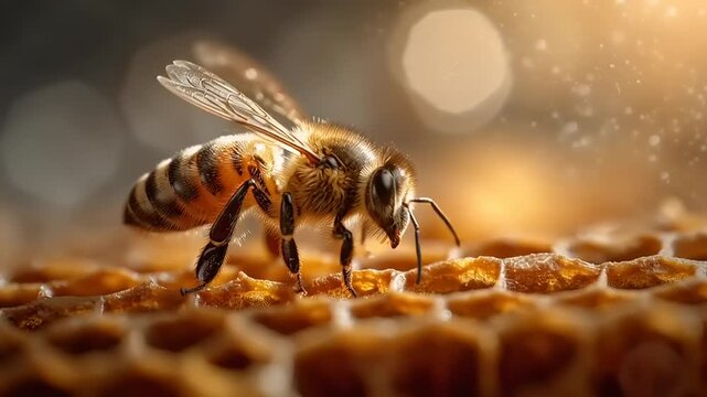 A close-up view of a honeybee on a honeycomb, collecting nectar in a warm, golden light
