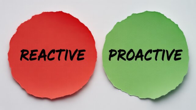 Two contrasting concepts of reactive versus proactive behavior are visually separated on torn paper scraps.
