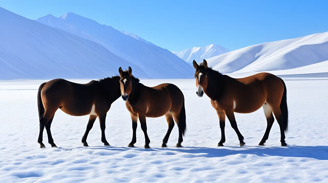 Kiang, Equus kiang, largest of wild asses, winter mountain codition, Tso-Kar lake, Ladakh, India. Kiang from Tibetan Plateau, in the snow. Wild asses heard, Tibet. Wildlife scene from nature.