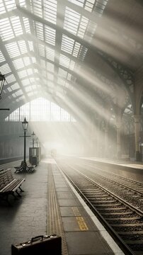 Empty vintage train station platform with dramatic sunbeams and old suitcase in cinematic liminal space