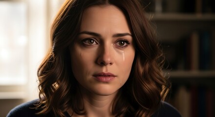 Close-up of a woman with tears in her eyes, looking sad.