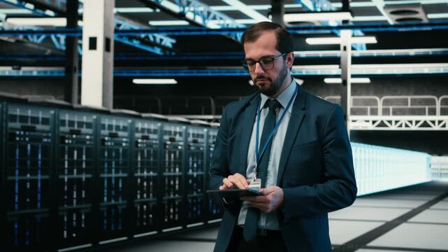 Data center software developer using tablet and augmented reality to install upgraded server racks systems. Employee using automation app on device to monitor server hub, VFX overlay, camera B