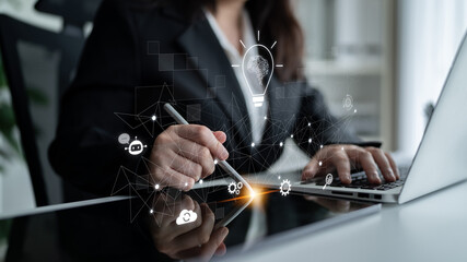 AI innovation with neural network and digital transformation. AI innovation drives automation,...