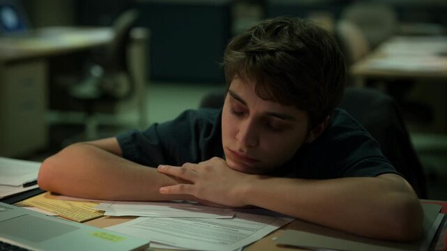 Young male student sleeping on a desk covered with study papers in a dimly lit classroom. Exhausted university student resting after a late-night study session concept.