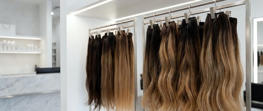 Professional hair extensions display in modern salon showcasing various brown and blonde ombre styles hanging on rack for beauty treatments.