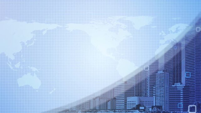 business background with world map and building illustration