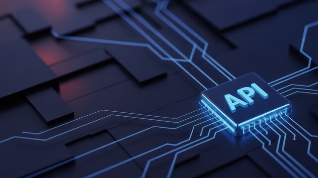 API chip glowing brightly on a futuristic dark circuit board background, symbolizing crucial digital technology integration and seamless interconnected data flow