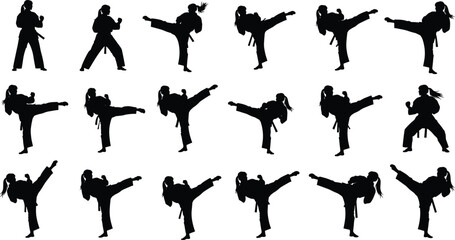 Female martial arts athlete silhouette collection featuring karate and taekwondo poses, high kicks, fighting stances, and sports combat training. © VactorZone