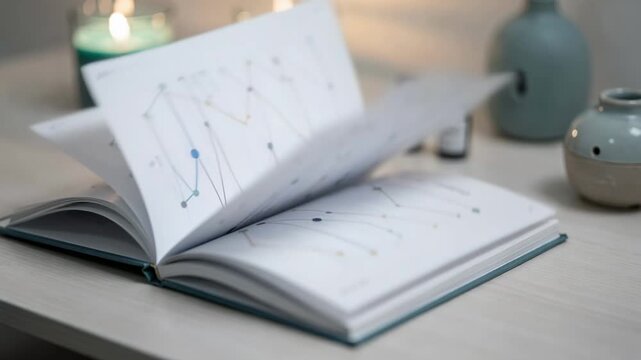 Close medium shot of a mental health press book featuring mood tracking charts surrounded by blurred teal candles and soothing aromatherapy items for a tranquil workspace vibe.
