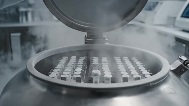 Scientist opening liquid nitrogen cryogenic tank revealing frozen samples in laboratory biobank