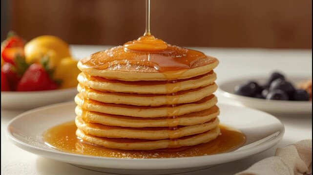 Fluffy pancake stack breakfast with maple syrup drizzle and fresh fruit morning stack