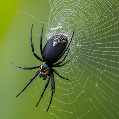 Obraz premium Photographs the moment a spider ensnares a fly, the dark black of its body providing a vivid contrast to the struggle and showcasing the efficiency of its intricate trap
