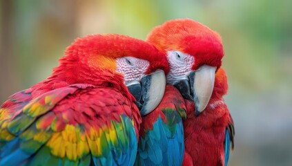Obraz premium close-up of two colorful macaw parrots in love