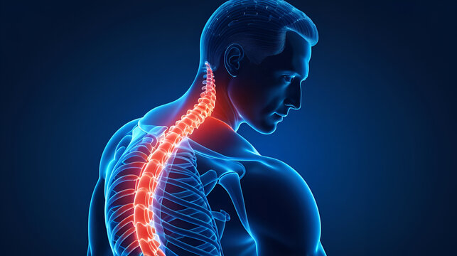 3D illustration of human upper body showing spine and shoulder pain with highlighted red area and dark blue background
