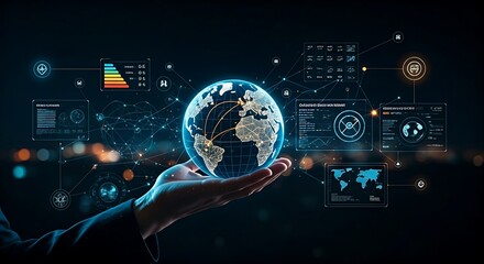 Sustainable flight route optimization. On a globe, an AI calculates the most fuel-efficient flight path to reduce emissions.
