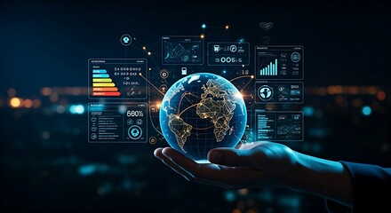 Sustainable flight route optimization. On a globe, an AI calculates the most fuel-efficient flight path to reduce emissions.