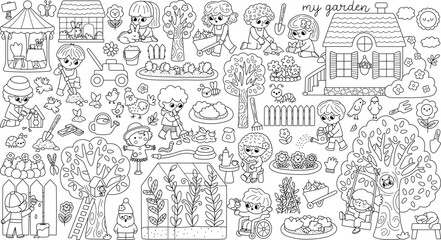 Fototapeta premium Vector black and white garden clipart set. Cute farm line icons collection with kids doing gardening work, growing plants. Nature illustrations with children. Spring or summer coloring page