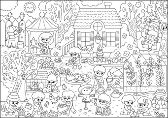 Obraz premium Vector black and white garden landscape. Country house line scene with greenhouse, kids doing work, growing plants. Cute spring nature background, coloring page with gardeners