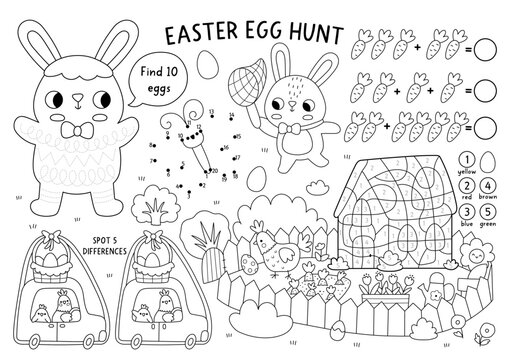 Vector Easter village placemat for kids. Spring holiday printable activity mat with maze, tic tac toe charts, connect dots, find difference. Black and white egg hunt coloring page with bunny