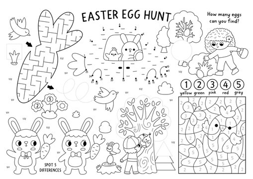 Vector Easter village placemat for kids. Spring holiday printable activity mat with maze, tic tac toe charts, connect dots, find difference. Black and white egg hunt coloring page with bunny