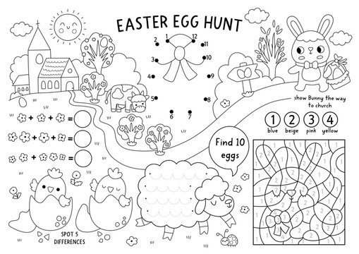 Vector Easter village placemat for kids. Spring holiday printable activity mat with maze, tic tac toe charts, connect dots, find difference. Black and white egg hunt coloring page with bunny