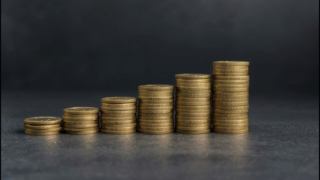 Stacked coin pile rising ascending order stacked gold coin piles increasing height stacked coin