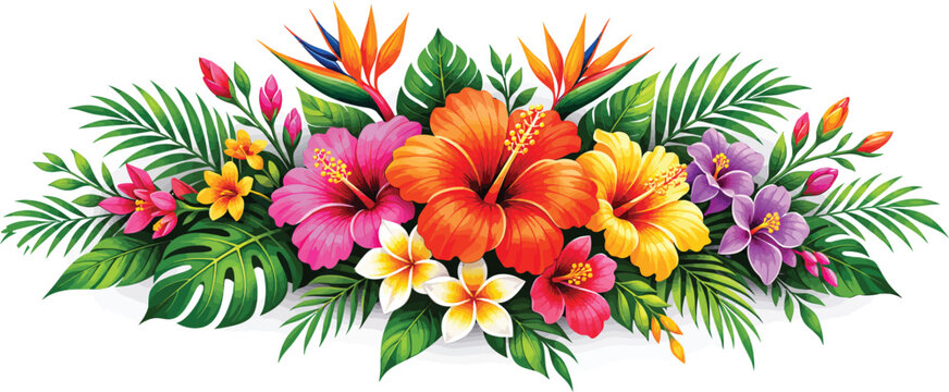 Vibrant Tropical Flowers and Palm Leaves Vector Arrangement