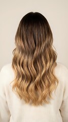 Fototapeta premium Woman with long wavy ombre hair from brunette to blonde showing balayage highlights technique from behind wearing cream sweater against neutral background.