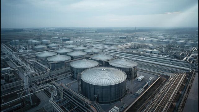 Industrial storage tank petrochemical refinery pipeline pipework at moody dawn to dusk scenes