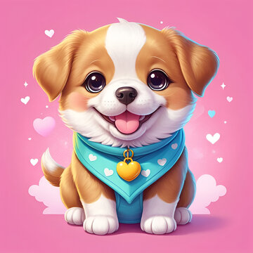 A cute, adorable, happy kawaii pappy smilling at viewer. Vibrant, dreamy vibe around the puppy. Kawaii art.