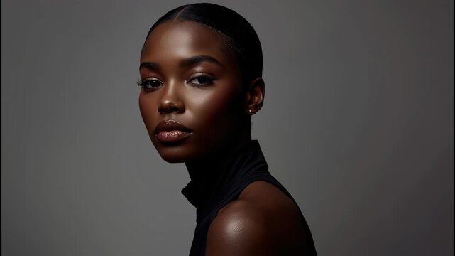 Elegant portrait of woman dark skin model studio beauty poised sleek hair dramatic lighting