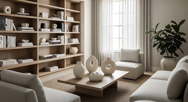 Minimalist living room features light wood shelving filled with decorative objects and books
