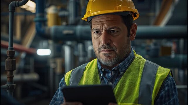 Construction worker hard hat safety vest tablet industrial plant engineer checking tablet with