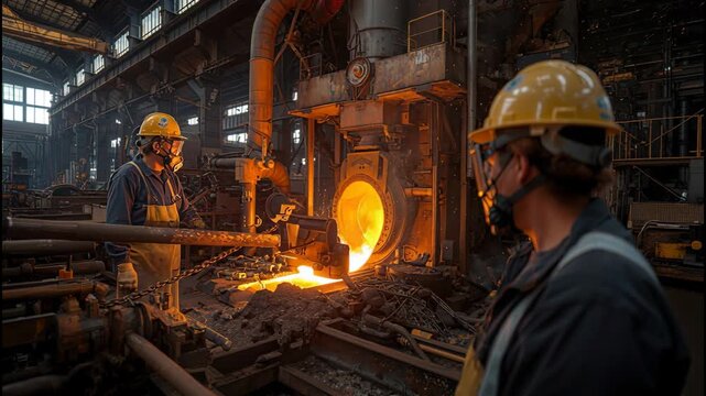 Steel foundry workers monitoring molten metal pouring from furnace with helmets and protective gear