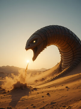 A colossal sandworm breaches the desert surface, silhouetted against the setting sun, kicking up sand.